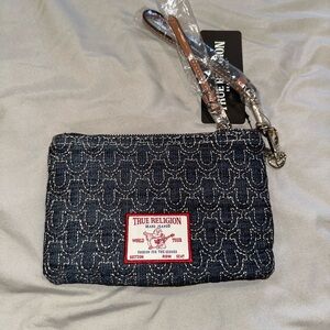 True Religion Blue Denim and Tan Wristlet